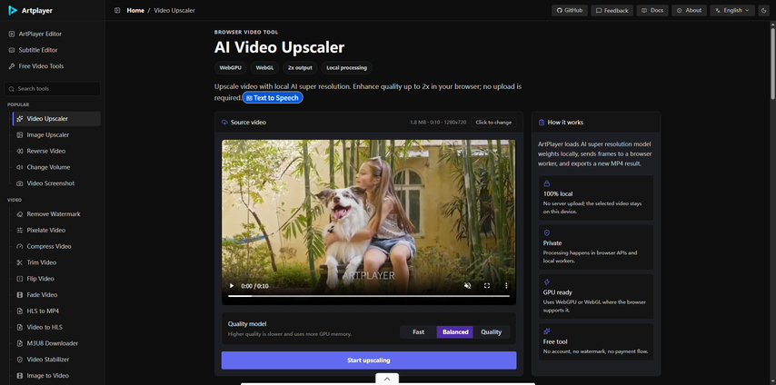 ArtPlayer AI Video Upscaler interface showing Fast, Balanced, and Quality modes