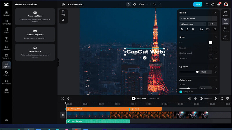 CapCut AI 영상 편집 인터페이스
