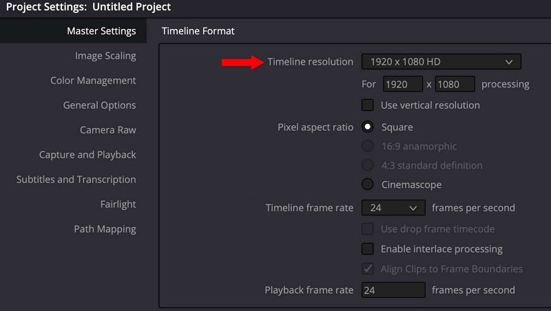 davinci resolve change timeline resolution