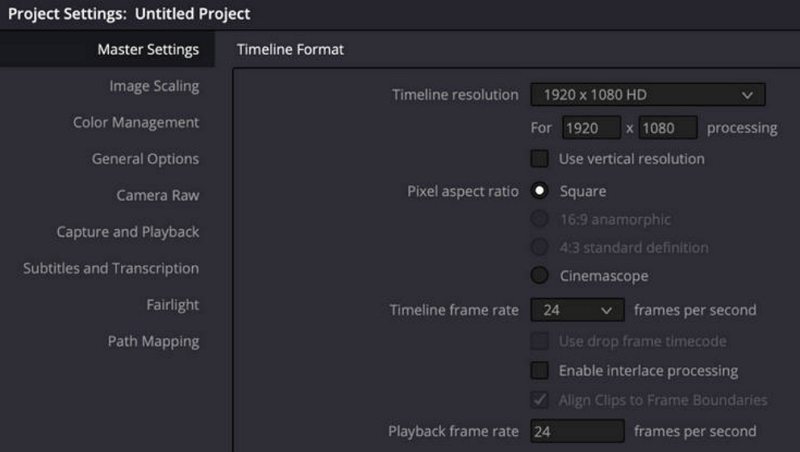 davinci project settings