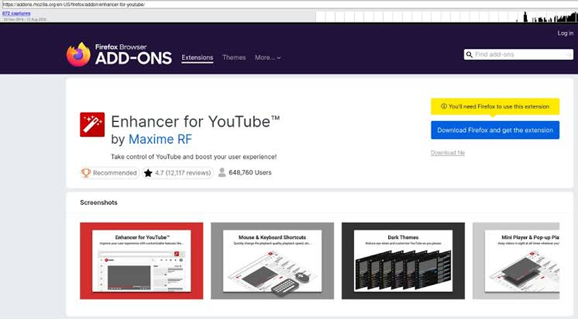 Enhancer for YouTube extension interface