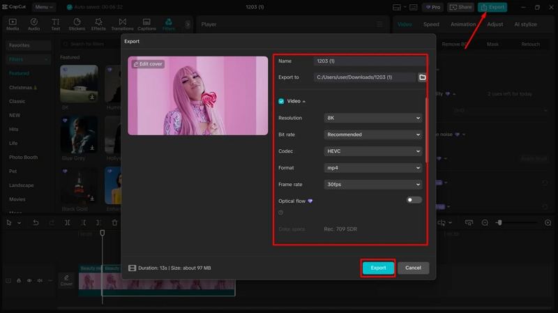 export-video-in-8k on capcut