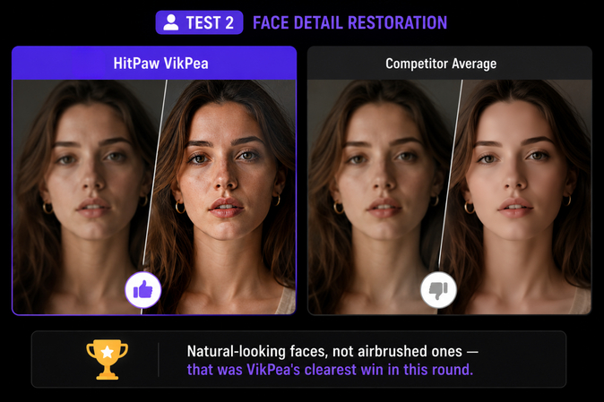 Face detail restoration comparison showing HitPaw VikPea preserving natural facial details