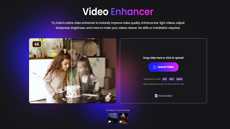 Fotor Video Enhancer 온라인 인터페이스