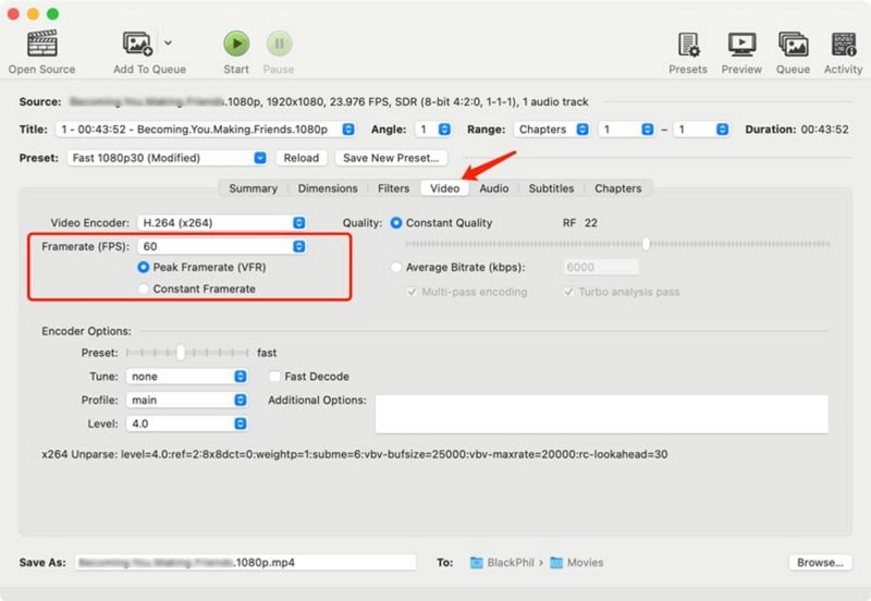 handbrake change video frame rate