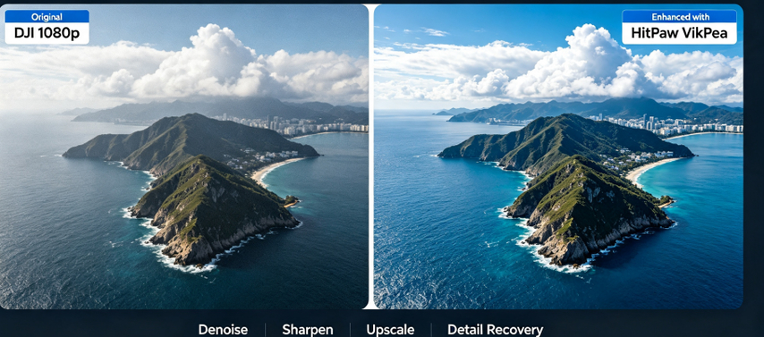 Before and after comparison: DJI 1080p drone footage enhanced by HitPaw VikPea