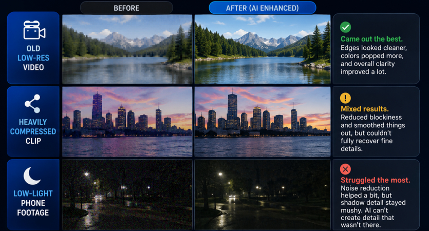 AI video enhancement comparison on low-res, compressed, and low-light footage.