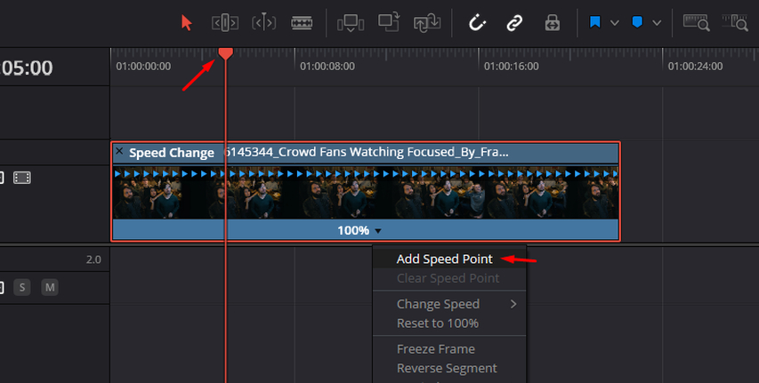 Adjust clip speed in the Inspector of DaVinci Resolve