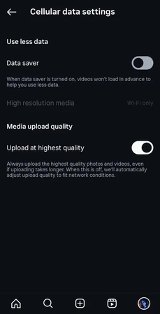 Instagram Data Usage and Media Quality settings screen