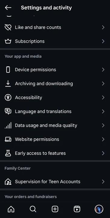 User opening the Settings and Privacy menu from their Instagram profile.