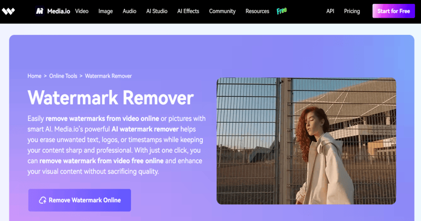 Media.io online watermark remover interface