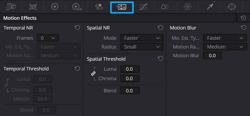 motion effects panel in Davinci resolve
