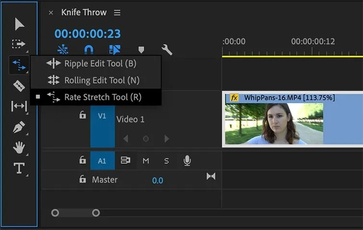 Using the Rate Stretch tool to slow down or speed up a video clip in Premiere Pro