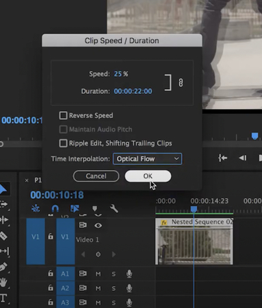 Premiere Pro Speed/Duration settings for slowing down a video clip