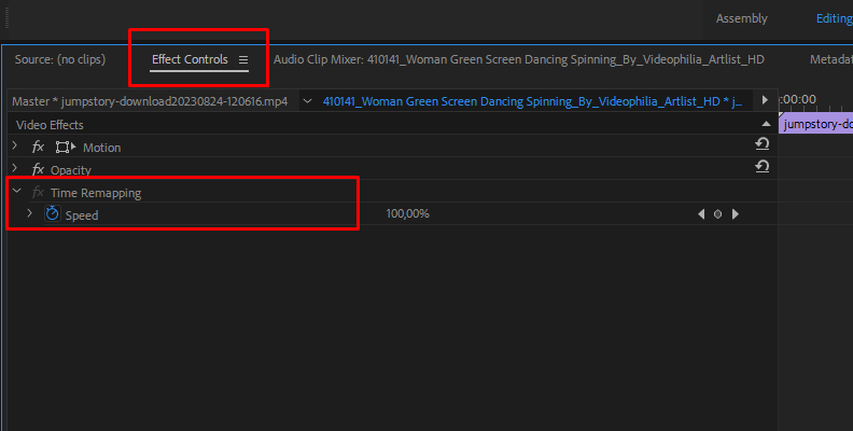 Enabling Time Remapping and adding speed keyframes in Premiere Pro