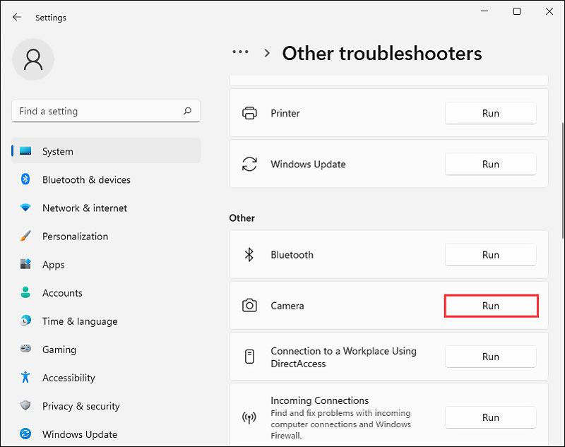run camera troubleshooter on windows 11