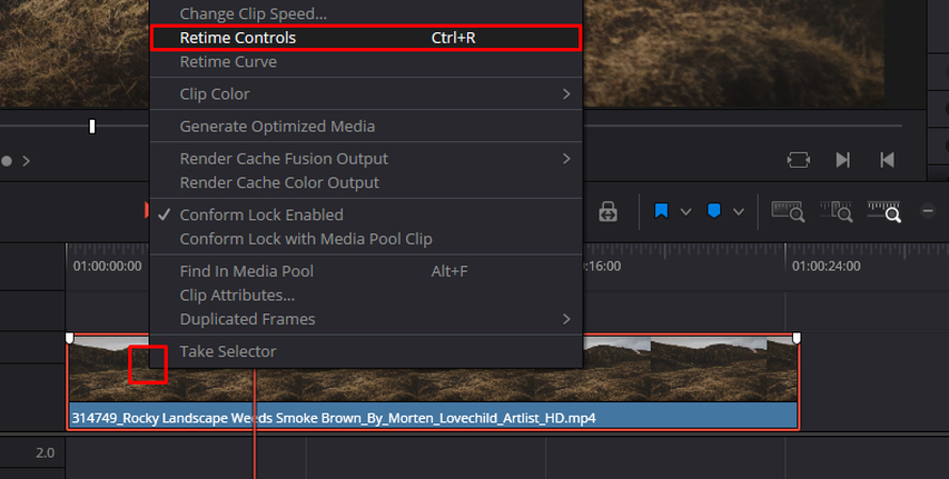 DaVinci Resolve Retime Controls slowing video speed