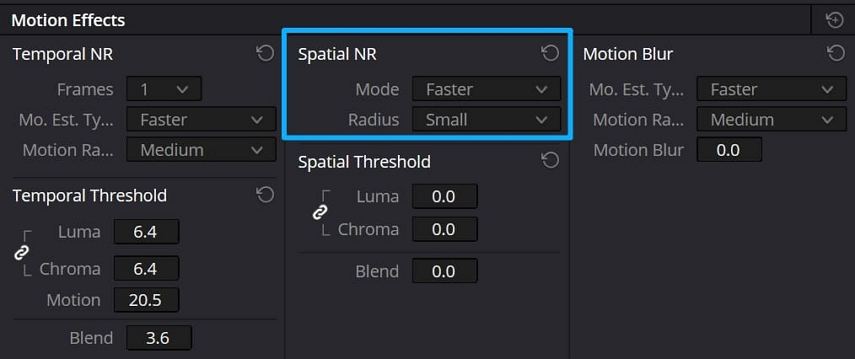 Spatial noise reduction in Davinci resolve