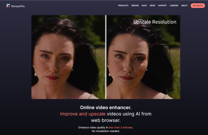 TensorPix cloud-based AI video enhancer interface in browser