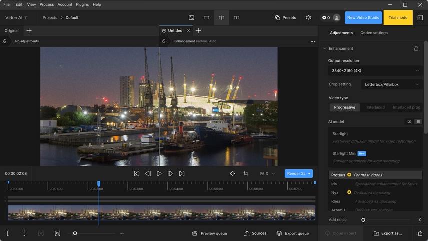 prueba de rendimiento de proteus en Topaz Video AI