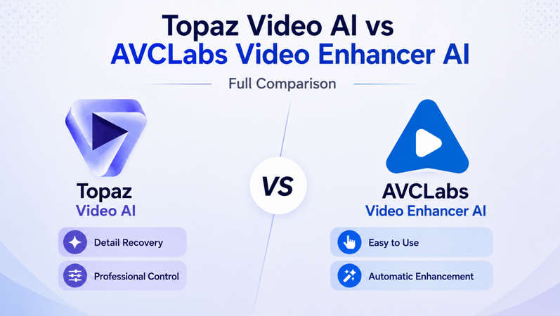 AI 영상 화질 개선 기능을 보여주는 Topaz Video AI vs AVCLabs Video Enhancer AI 비교