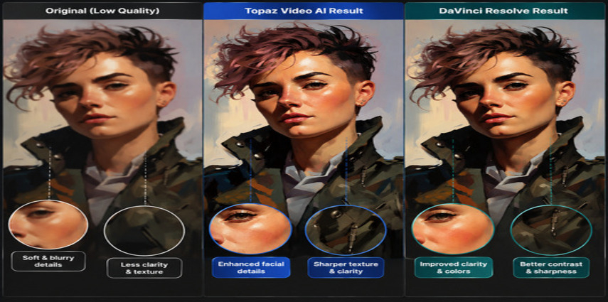 Topaz Video AI and DaVinci Resolve enhancing portrait and animation video