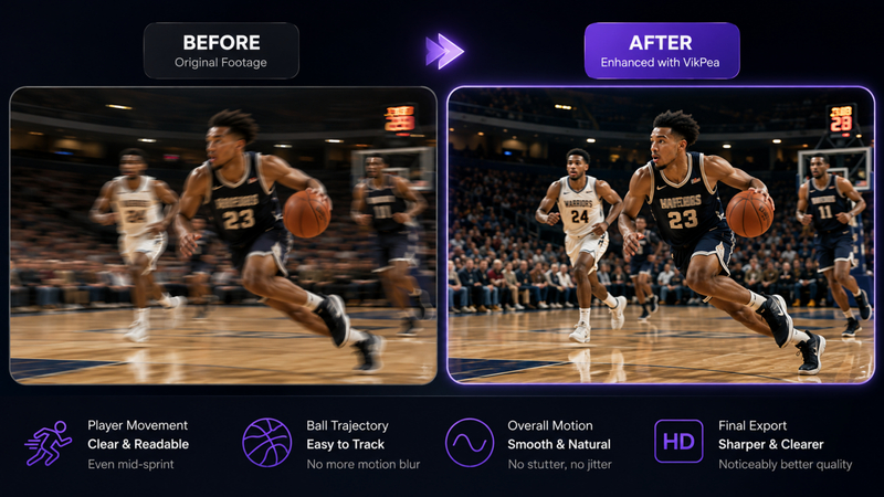 VikPea before-and-after enhancement of a fast-break basketball video
