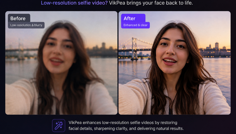 VikPea enhances a low-resolution selfie video with clearer facial details