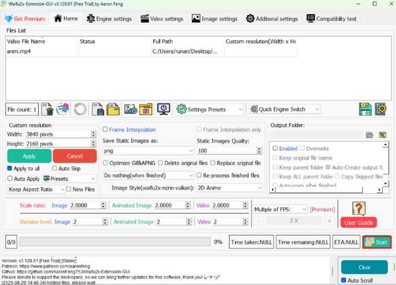 waifu2x start upscale