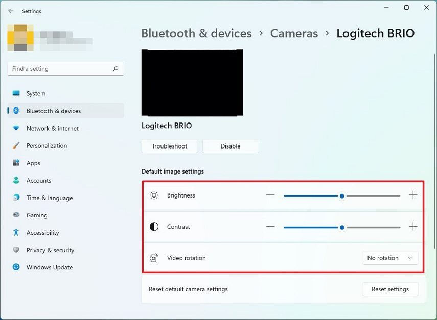 webcam settings on Windows
