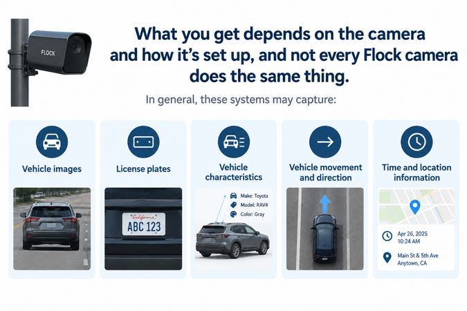 Flock camera capturing vehicle license plates and traffic details