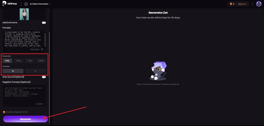 resolución y duración video IA hitpaw