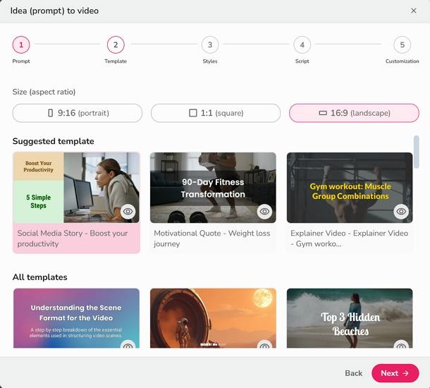 select a template in fliki AI