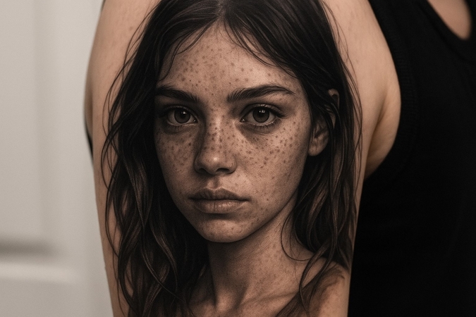 put tattoo on picture realistic portrait