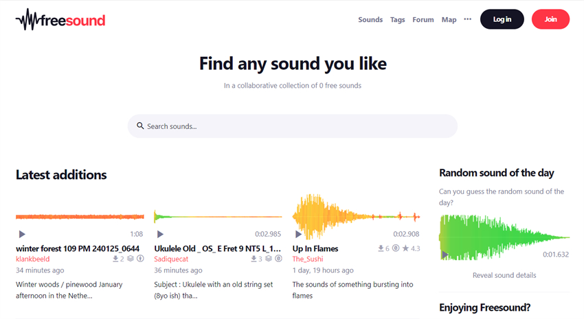 view of Freesound homepage