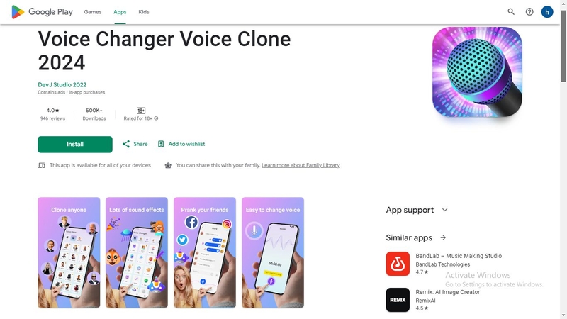 vue de l'application Changeur de Voix - Clonage Vocal 2024