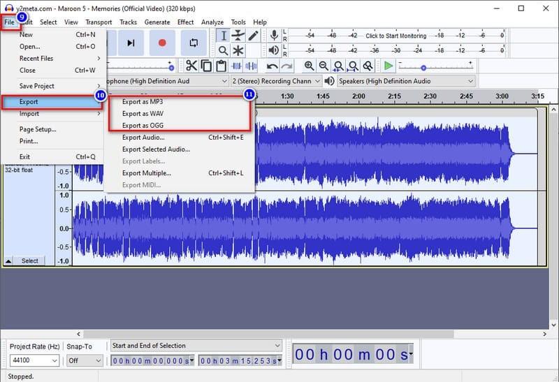 komprimierte audio exportieren