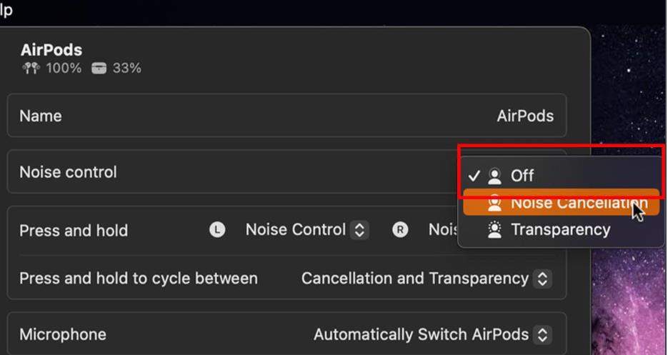 turn off airpods noise cancellation on Mac