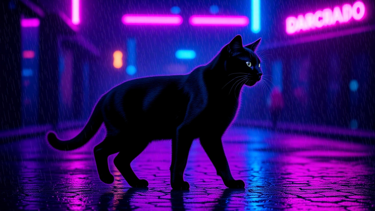 cyberpunk neon noir black cat image