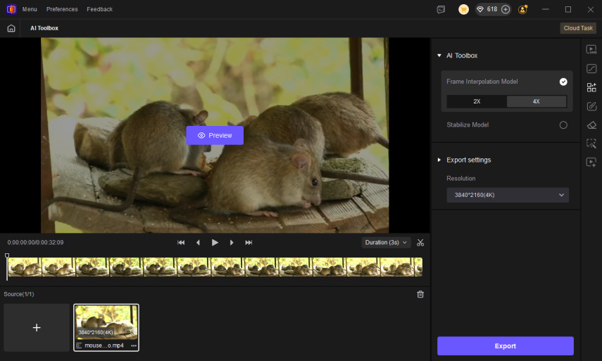 Frame-Interpolations-Modell in HitPaw VikPea auswählen – Maus-Video für Katzen auf 120fps hochskalieren
