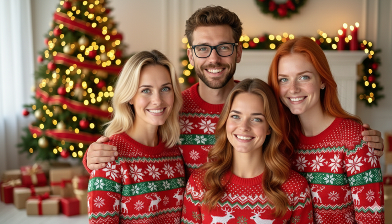 christmas ai photo-prompts friends sweaters