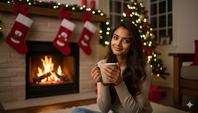gemini ai christmas prompts woman fireplace