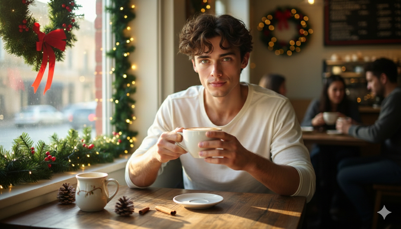gemini christmas ai prompts man coffee shop