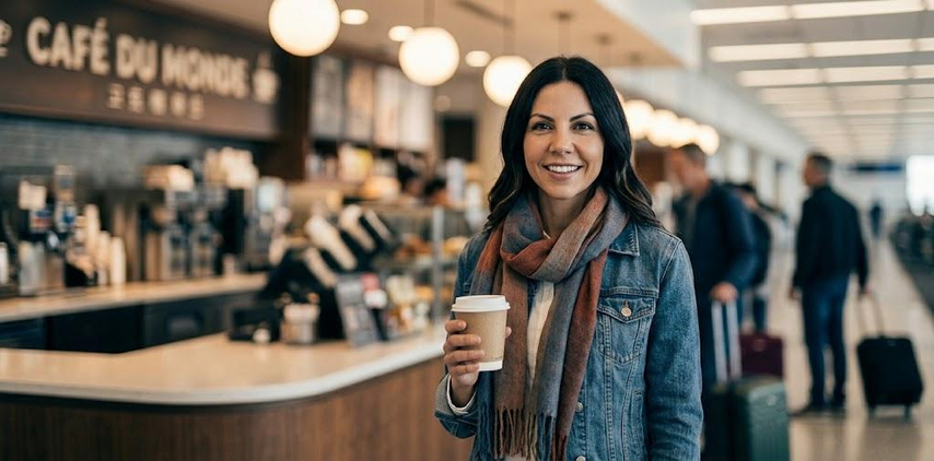 airport coffee stand portrait Gemini AI prompt realistic