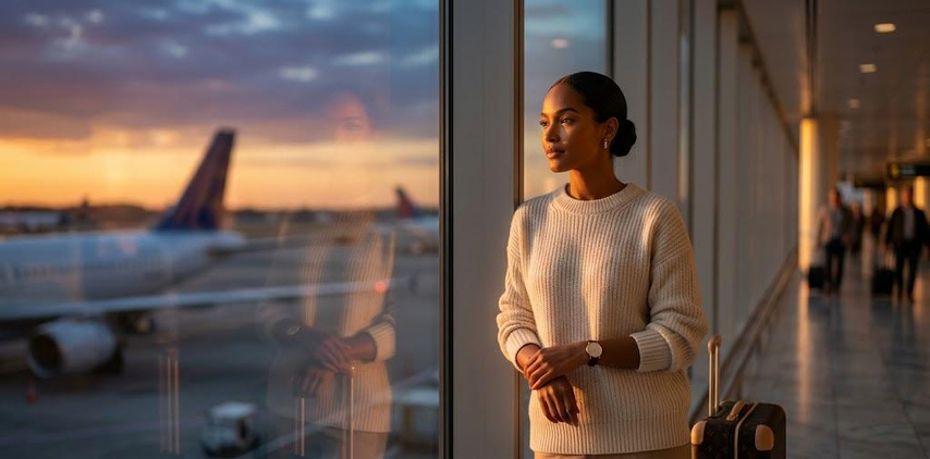 airport window sunset portrait Gemini AI realistic photo