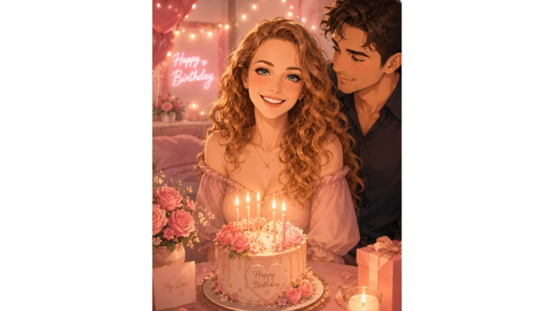 wife birthday ai image in romantic anime style