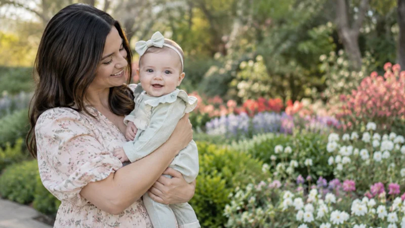 mother holding her baby beside a colorful flower garden