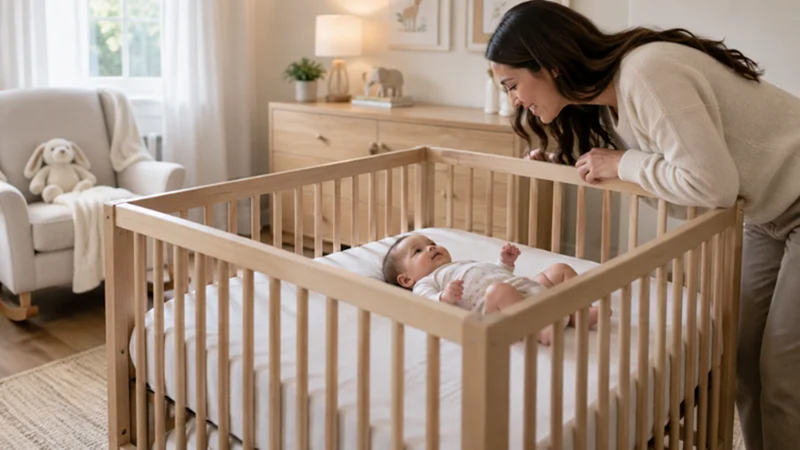 baby resting inside a safety-approved crib with a fitted sheet
