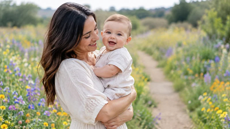 parent holding a baby beside a colorful wildflower path