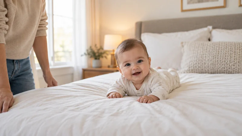 awake baby lying safely on a cozy bed near an adult